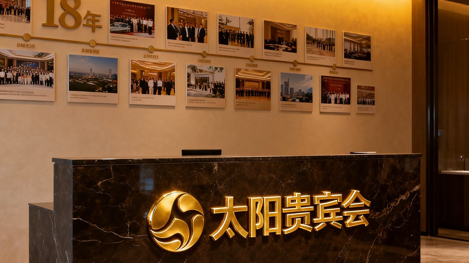 太阳贵宾会集团总部前台接待区，深色大理石台面配金色品牌标识，背景墙展示着18年发展历程的里程碑照片，暖黄色灯光营造出温馨而庄重的氛围