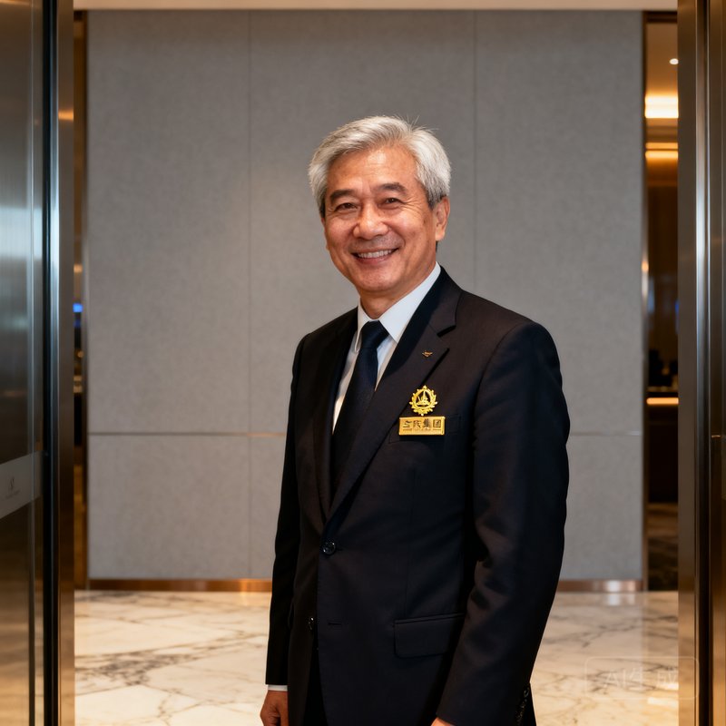 太阳贵宾会集团运营总监周明远先生，一位五十岁左右、头发微白的资深航空服务管理者，身着深色西装，佩戴金色集团徽章，站在贵宾厅入口处微笑迎接客人