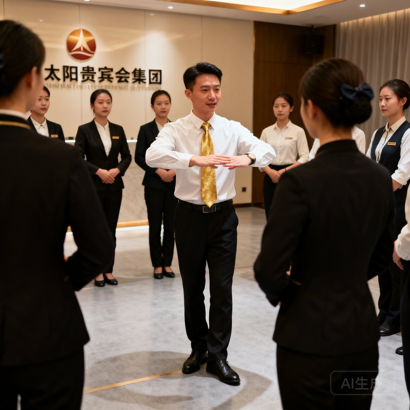 太阳贵宾会集团培训主管陈志强先生，一位三十五岁左右的青年培训师，身着整洁的白色衬衫配金色领带，正在培训教室内向新入职的服务人员示范标准的迎宾礼仪动作